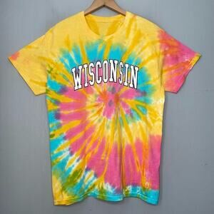 Wisconsin T Shirt Bright Tie Dye Unisex Size Large Dopamine Festival Destination